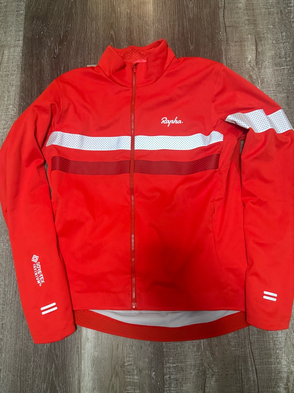Rapha Red Performance Cycling Jacket with White Stripes